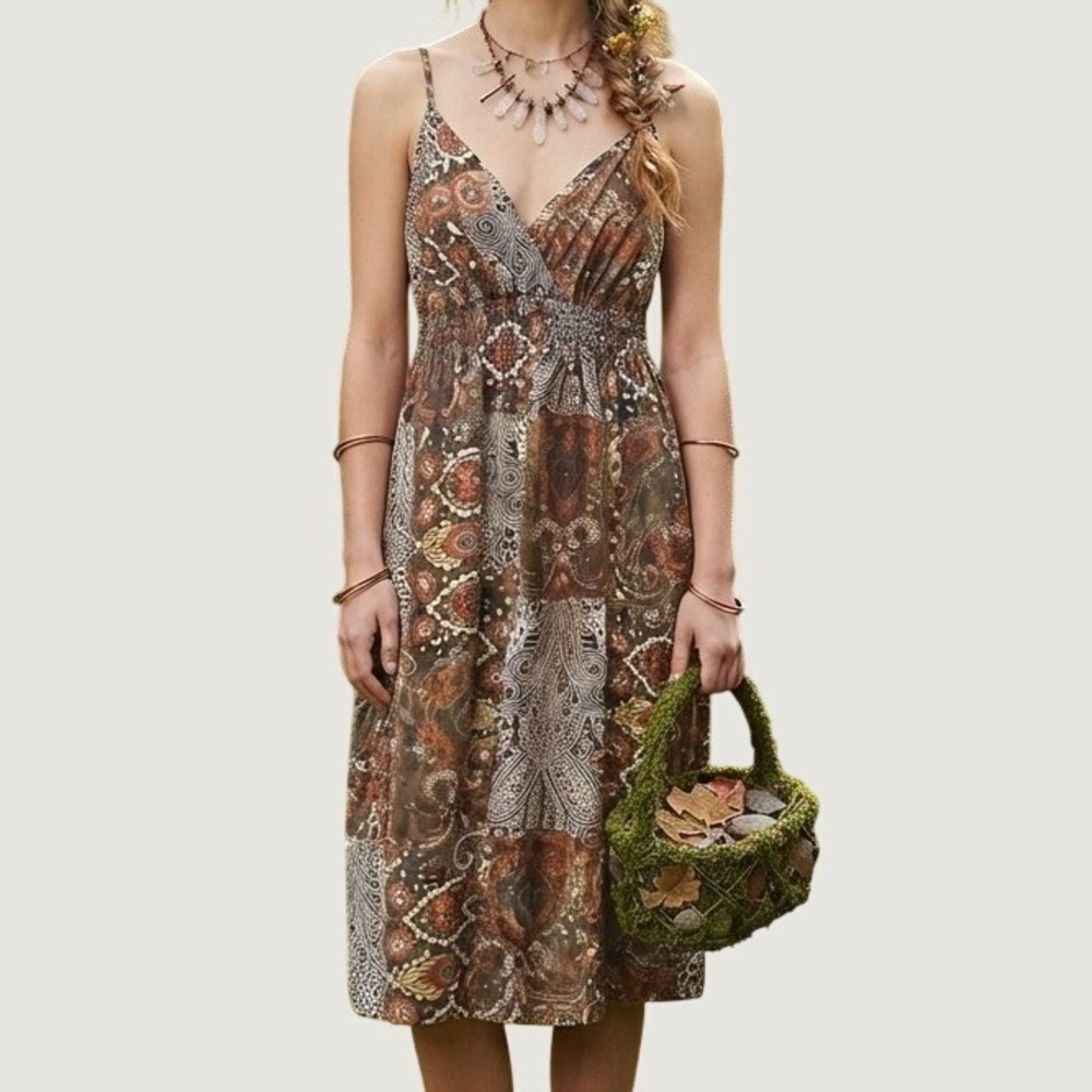 y2k babydoll dress Cotton Paisley Patchwork Brown M forest fairycore whimsigoth